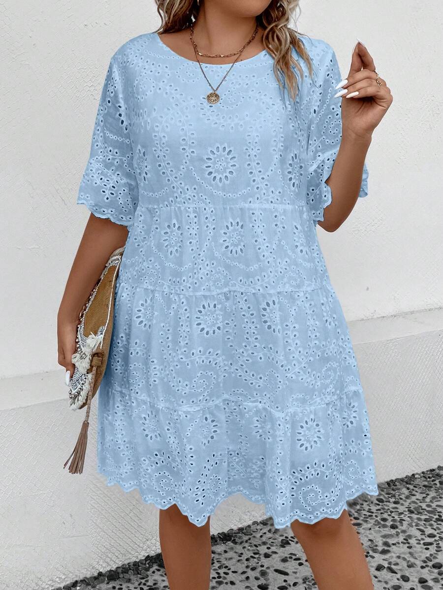 SHEIN LUNE Hơn Lỗ gắn thêu Xù Hoa Sen Đầm Không có thắt lưng - Màu xanh nhạt - Xem 1
