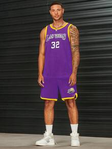 Manfinity RebelGame Men Letter Graphic Contrast Trim Tank Top & Shorts - Violet Purple - View 7