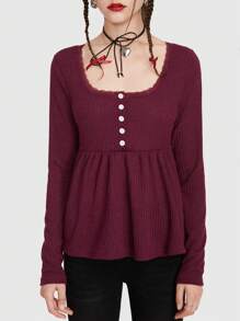 ROMWE Scoop Neck Peplum Hem Tee - Burgundy - View 6
