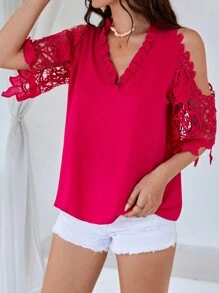 SHEIN VCAY Cold Shoulder Guipure Lace Sleeve Frill Trim Blouse - Hot Pink - View 3