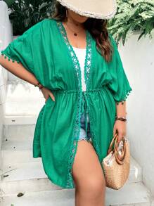 SHEIN VCAY Plus Contrast Lace Drawstring Waist Kimono - Green - View 3