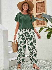 EMERY ROSE Plus Solid Top & Floral Print Wide Leg Pants For Summer - Green - View 5