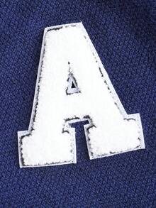 SHEIN Qutie Letter Patched Striped Trim Drop Shoulder Cardigan - Navy Blue - View 3