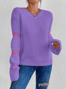 SHEIN Unity Suéter de punto con mangas acampanadas y estampado de corazones para otoño e invierno - Morado - Ver 6