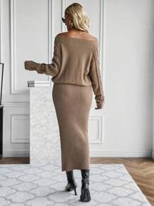 SHEIN Clasi Off Shoulder Cable Knit Sweater Dress - Khaki - View 2