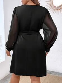 Celure Plus Asymmetrical Neck Contrast Mesh Lantern Sleeve Belted Dress - Black - View 2