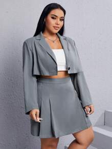 SHEIN EZwear 加翻領短款西裝外套和折疊百褶裙 - 灰色 - 查看 1