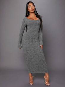 SHEIN SXY 鏤空領口肋編貼身長袖連身裙,派對聚會穿搭、性感時尚生日禮服、情人節派對裝、單身派對裝、春季穿搭 - 灰色 - 查看 3