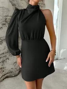 Firerie Asymmetrical Neck Lantern Sleeve Ruched Satin Dress - Black - View 4