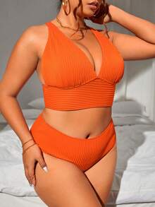 SHEIN Swim Curve 夏季大码霓虹橙色罗纹针织比基尼套装 - 亮橙色 - 查看 4