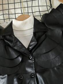 SHEIN Young Girl Ruffle Trim PU Leather Dress Without Sweater - Black - View 5