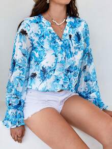 SHEIN VCAY In hoa tay áo lá sen Áo sơ mi - Xanh và trắng - Xem 6