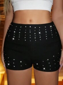 SHEIN Allurite Rhinestone Detail Skinny Shorts - Black - View 1