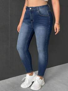 SHEIN EZwear Hơn Cao eo Quần jean ôm - Màu xanh lam - Xem 3