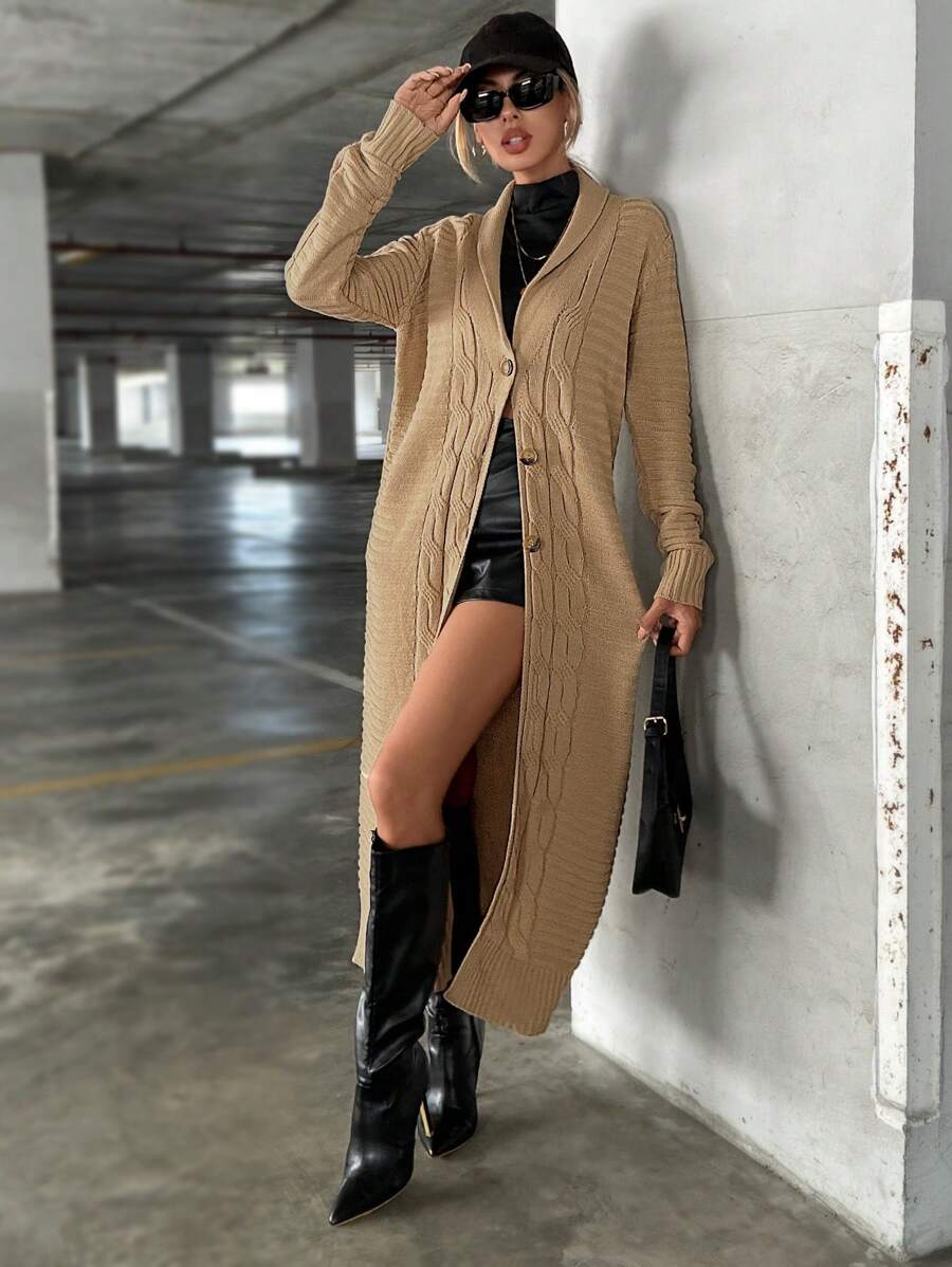 SHEIN Essnce 绞花针织落肩开衫 - 卡其色 - 查看 1