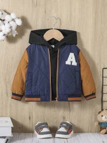 SHEIN 男婴单件字母拼贴条纹饰边拼色拉链连帽绗缝加厚外套 - 彩色 - 查看 1