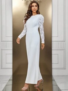 SHEIN Belle 蕾絲拼接闊腿連體褲