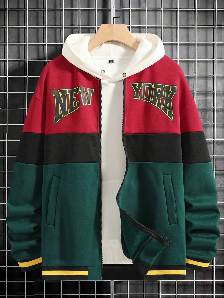 Loose Style Men's Letter Design Color Block Drop Shoulder Bomber Jacket Without Hood