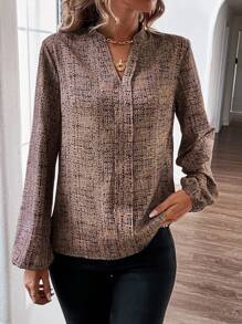 SHEIN Clasi 滿版印花燈籠袖襯衫 - 卡其色 - 查看 6