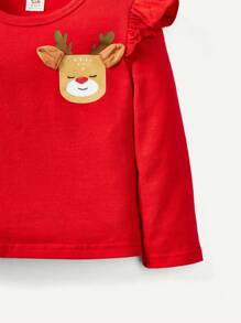 Baby Girl Cartoon Graphic Ruffle Trim Tee for Christmas - Red - View 4