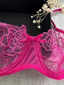 Snug Zone Floral Embroidered Underwire Bra & Panty Lingerie Set - Hot Pink - View 6