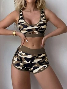 SHEIN Swim Camo Print Cut-Out Bikini - Multicolor - View 1