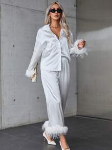 SHEIN Privé Trang trí Fuzzy Xa ten Áo sơ mi & Quần - trắng - Xem 6