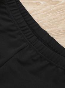 SHEIN 女大童字母貼布條紋飾邊落肩袖夾克和運動褲 - 黑色 - 查看 6