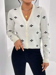 SHEIN Privé Cardigan Fleuri À Bouton - Beige - Voir 1
