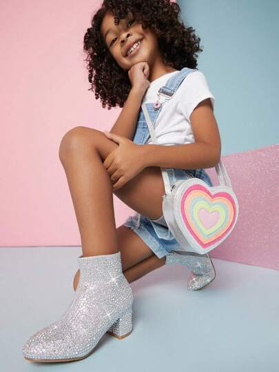 Mini mi Bestseller Kid's Bling Crystal Silver Blcok Heel Booties -Comfortable&Versatile, Holiday Party Essential