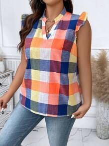 Celure 夏季加大格子印花缺口领口荷叶边衬衣 - 彩色 - 查看 3