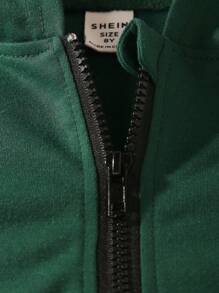 SHEIN Tween Girl Letter Graphic Zip Up Hooded Sweatshirt - Dark Green - View 4