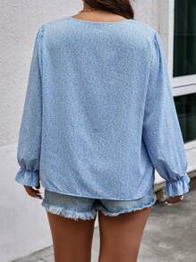 Calvaya Plus Embroidery Floral Pattern Notched Neckline Flare Sleeve Blouse - Blue - View 2