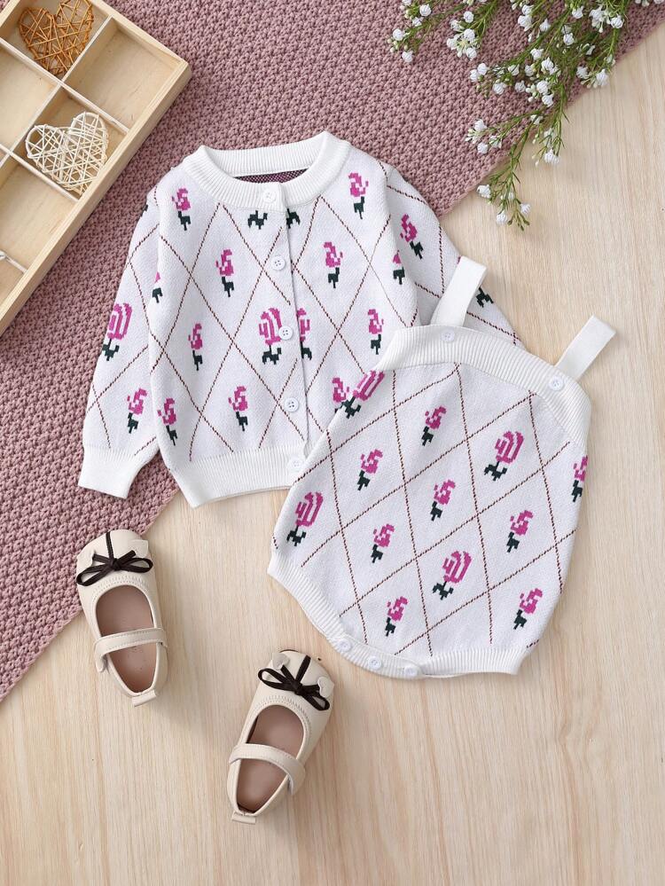 Baby Girl Floral Pattern Cardigan & Cami Knit Bodysuit