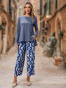 EMERY ROSE Solid Tee & Allover Print Pants