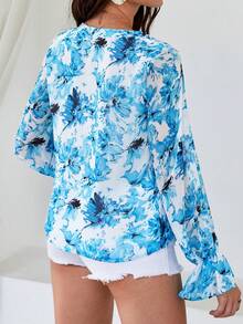 SHEIN VCAY In hoa tay áo lá sen Áo sơ mi - Xanh và trắng - Xem 2