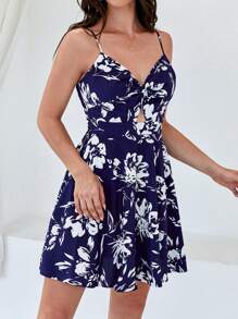 SHEIN VCAY 印花前扭結吊帶洋裝 - 藏蓝色 - 查看 4