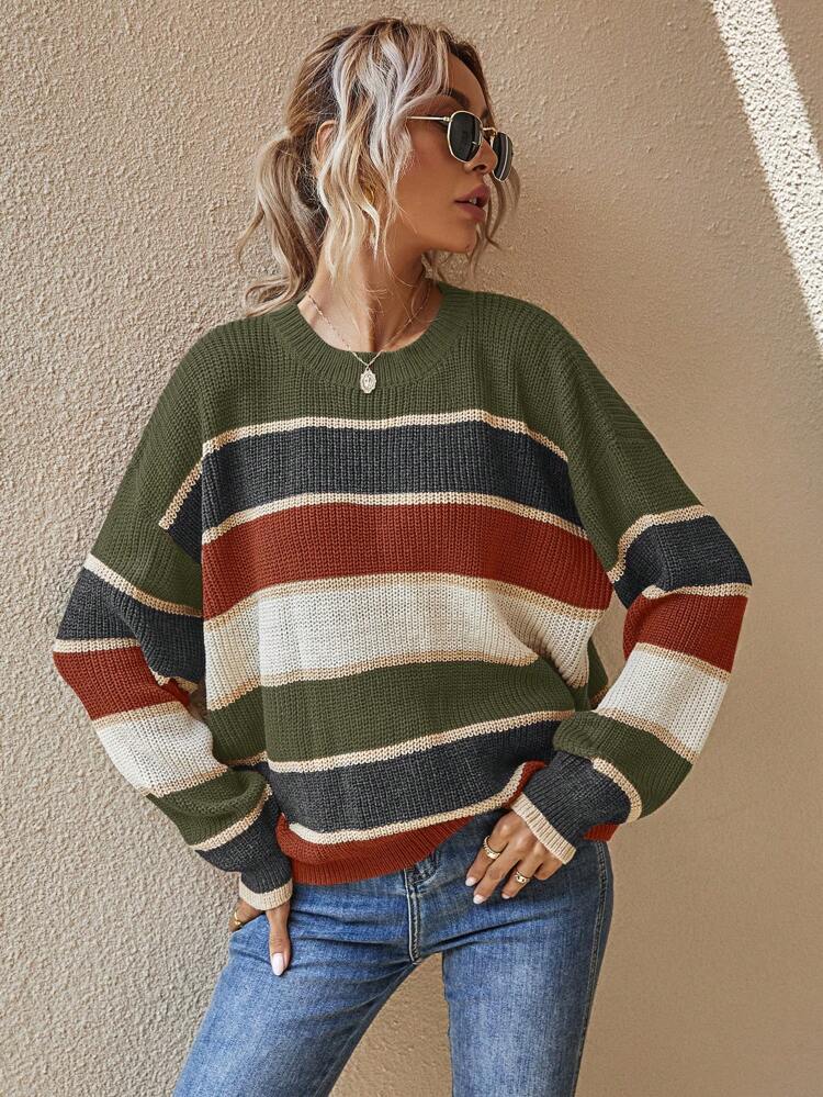 Maglione oversize a blocchi di colore con spalle a caduta, maglioncino lavorato a maglia a maniche lunghe per l'autunno e l'inverno