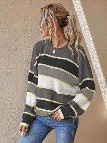 SHEIN LUNE Striped Pattern Drop Shoulder Oversized Sweater,Long Sleeve Tops - Grey - View 5