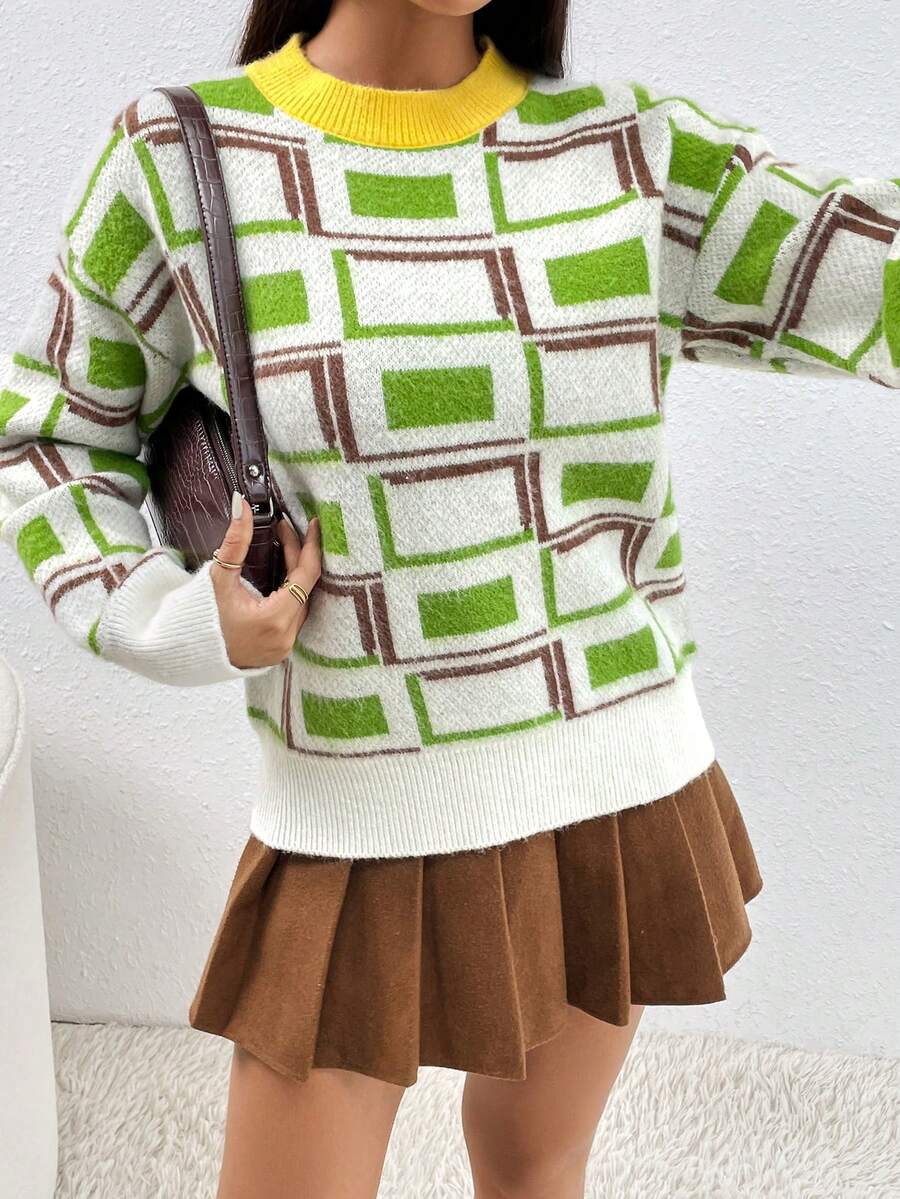 SHEIN Unity 女式休闲几何图案宽松圆领落肩毛衣，秋冬 - 彩色 - 查看 1