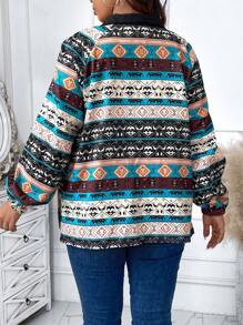 Calvaya Plus Geo Print Lantern Sleeve Coat - Multicolor - View 2