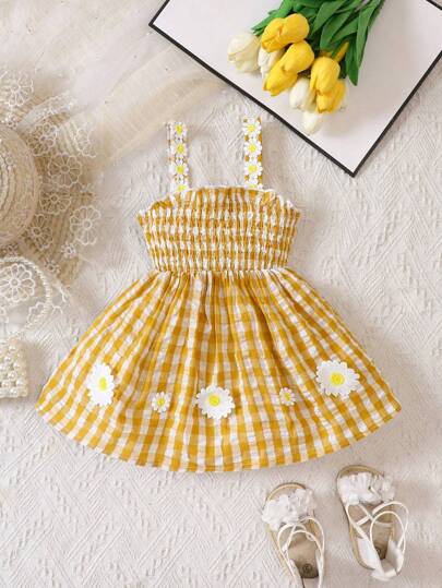 Baby Girl Floral Appliques Gingham Print Cami Dress