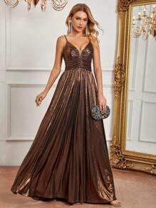 SHEIN Belle Ruched Front Metallic Cami Dress - Coffee Brown - View 1