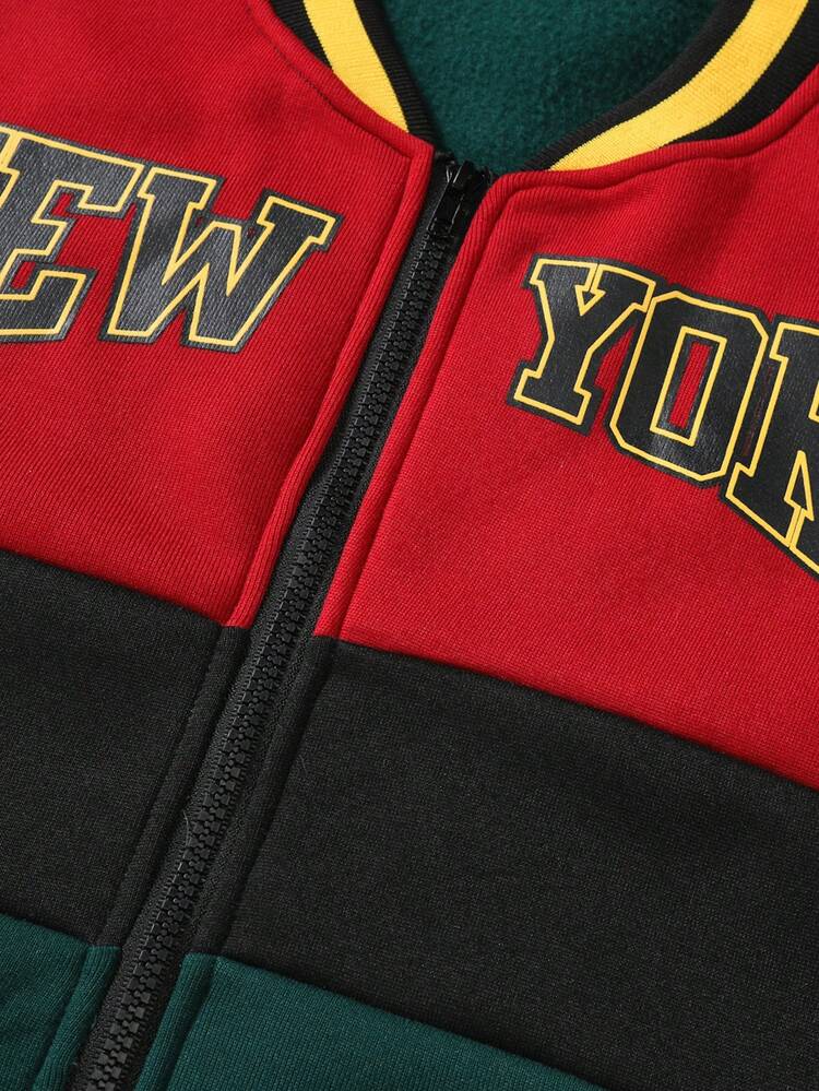 Loose Style Men's Letter Design Color Block Drop Shoulder Bomber Jacket Without Hood