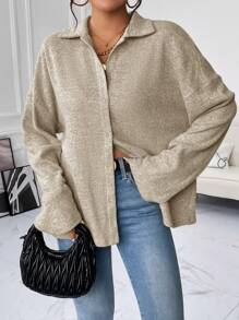 SHEIN Essnce 休閒前紐扣純色女士T恤 - 卡其色 - 查看 1