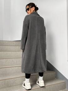 SHEIN EZwear Abrigo de Teddy con cuello de solapa y doble botón para otoño/invierno - Gris Oscuro - Ver 2