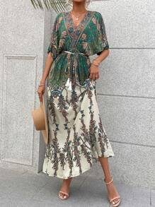 SHEIN LUNE 佩斯利印花蝙蝠袖繫腰帶洋裝