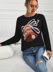 SHEIN LUNE Suéter de punto con caída de hombros y estampado de campana para otoño e invierno - Negro - Ver 5
