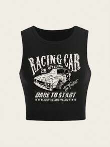 SHEIN 青少年女孩汽車和標語圖案背心上衣 - 黑色 - 查看 2