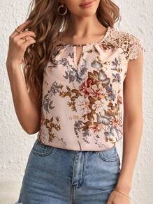 SHEIN Clasi 撞色蕾丝短袖翻领休闲夏季衬衫 母亲节 - 淺粉色 - 查看 1